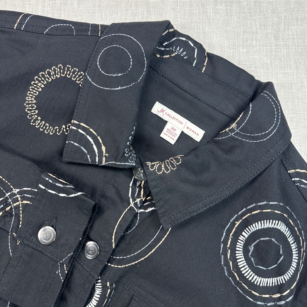 JM Collection Jacket Women 16W Black Embroidered Circle Button Front Stretch - Picture 1 of 8